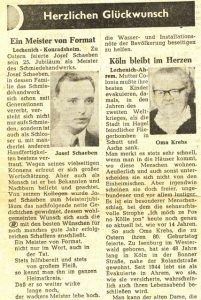 Zeitungsausschnitt über Josef Schaeben mit Porträtfoto und Überschrift ‚Ein Meister von Format