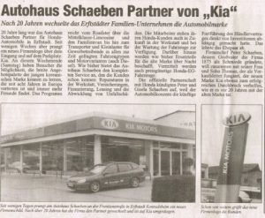 Zeitungsartikel über Autohaus Schaeben als Kia-Partner mit Außenaufnahme des Autohauses.